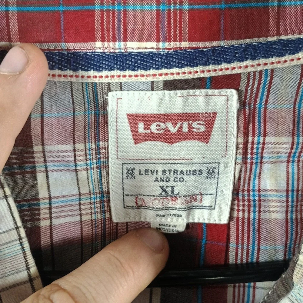 Levi's Shirt Men XL Red Beige Plaid‎ Flannel Western Pearl Snap Double Pocket